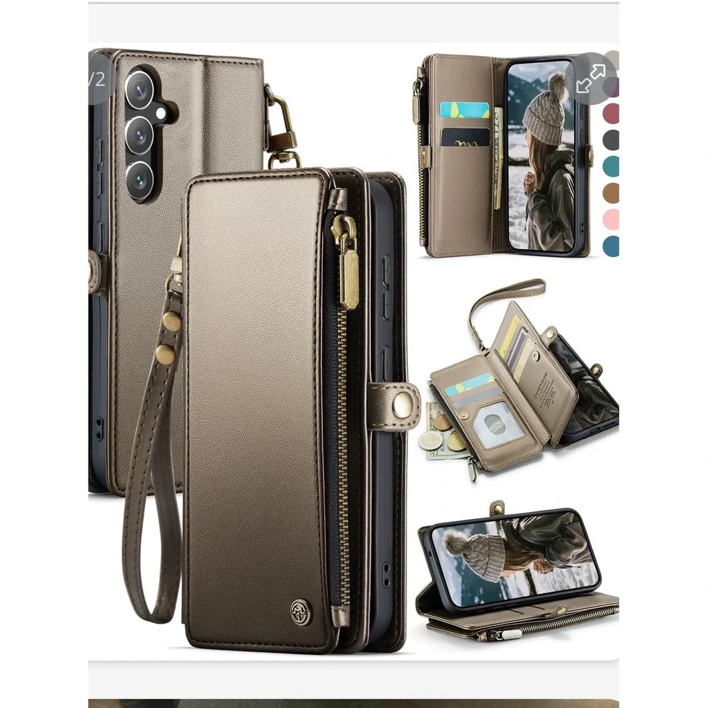 Defencase Galaxy S25 Case Wallet‎ Card Holder Titanium Leather Wristlet Zipper